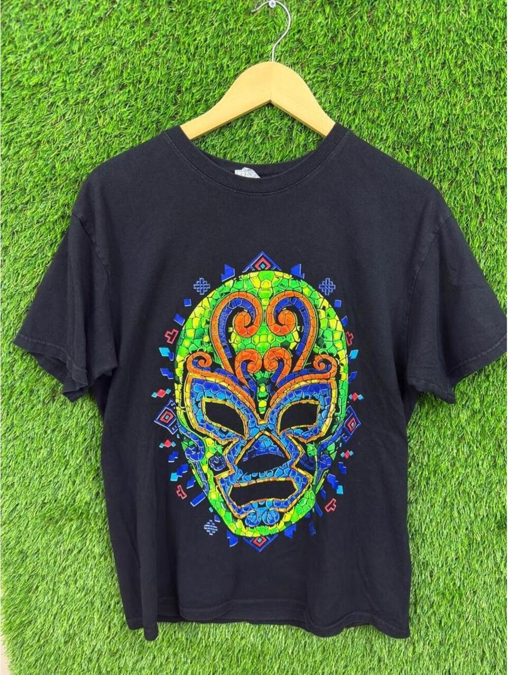 Vintage Mexican Aztec Tribal Mask Graphic T-Shirt Black Large